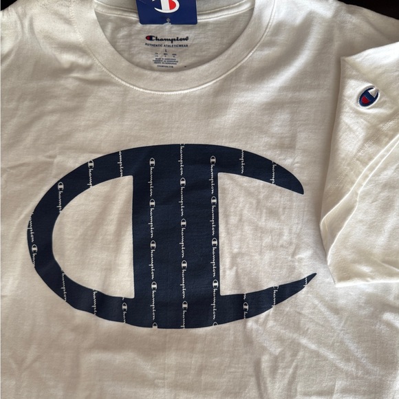 Champion White Tee with Navy Logo - Picture 2 of 5